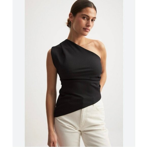 NWT NA-KD One Shoulder Asymmetric Top Black EU 34 XS Draped Hem Elegant Blouse - Picture 1 of 9